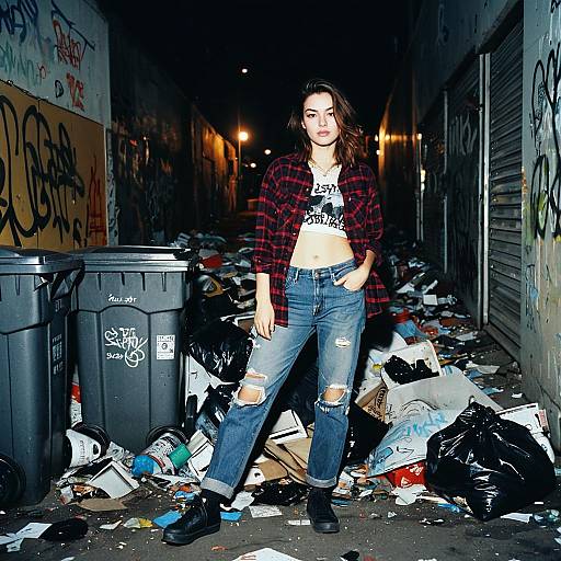 Young Woman in Ripped Jeans and Plaid Shirt in Urban Alley at Night
