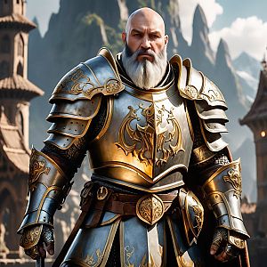 Bearded Warrior in Golden Armor Against Mountainous Landscape