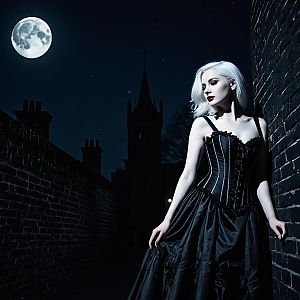 Gothic Woman in Black Corset Dress Under Full Moon at Night