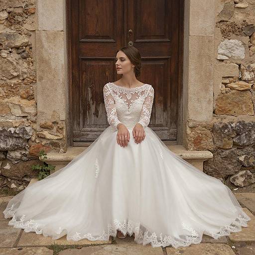 Elegant Woman in Lace Wedding Dress Sitting by Rustic Wooden Door