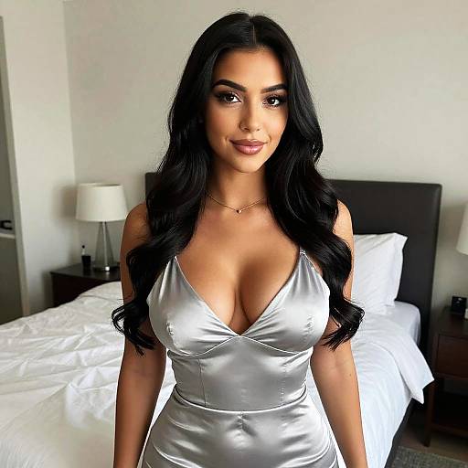 Confident Woman in Silver Satin Dress Posing Indoors
