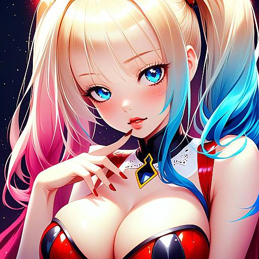 Harley Quinn Digital Anime Style Portrait with Pink and Blue Hair