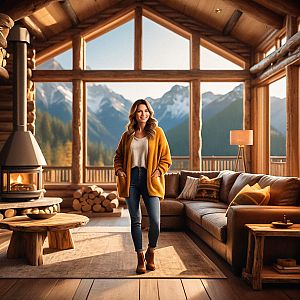 Cozy Log Cabin Interior with Mountain View