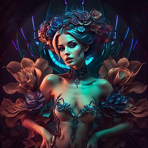 Futuristic Floral Fantasy Woman Portrait with Sci-Fi Elements
