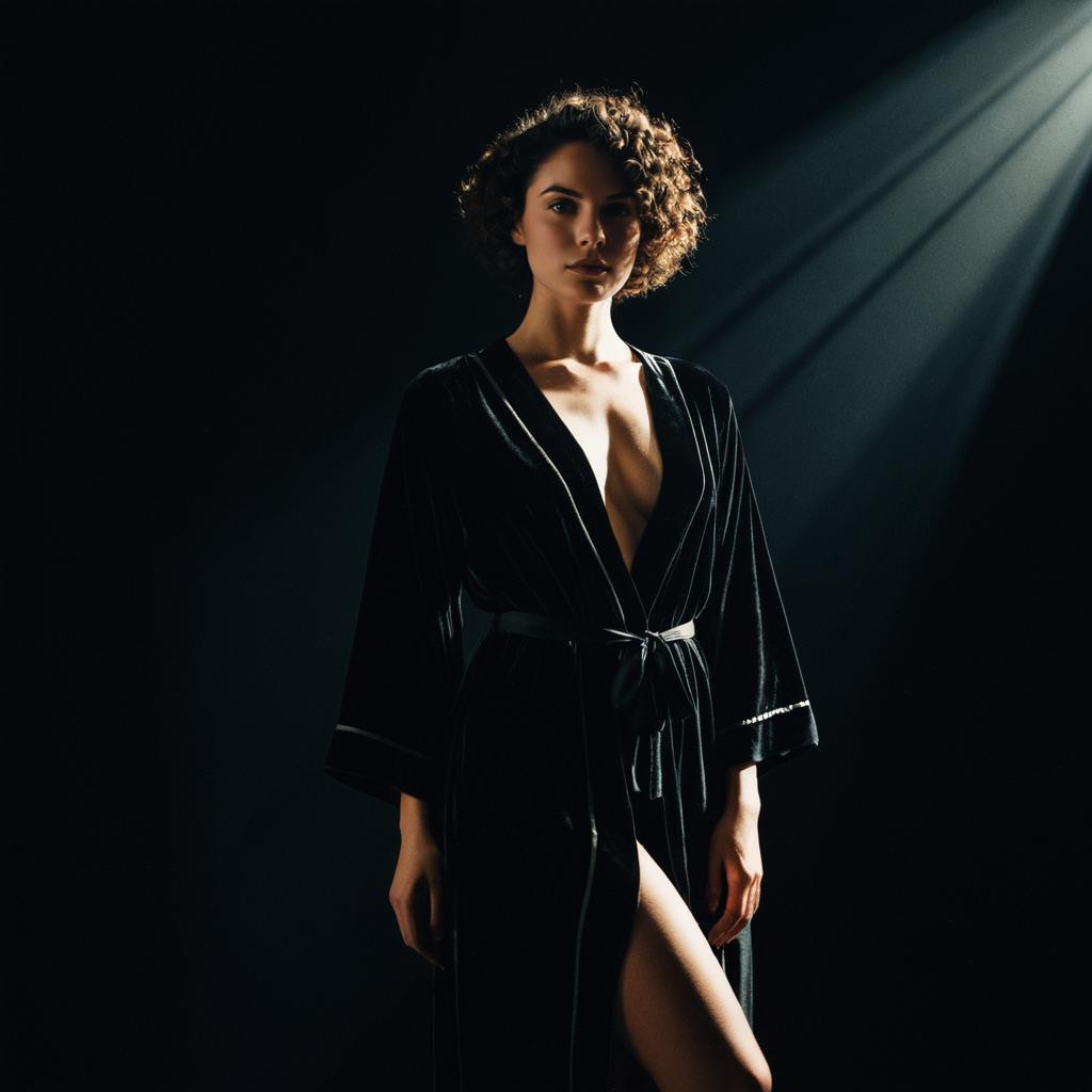 Elegant Woman in Black Velvet Robe Dramatic Lighting Portrait