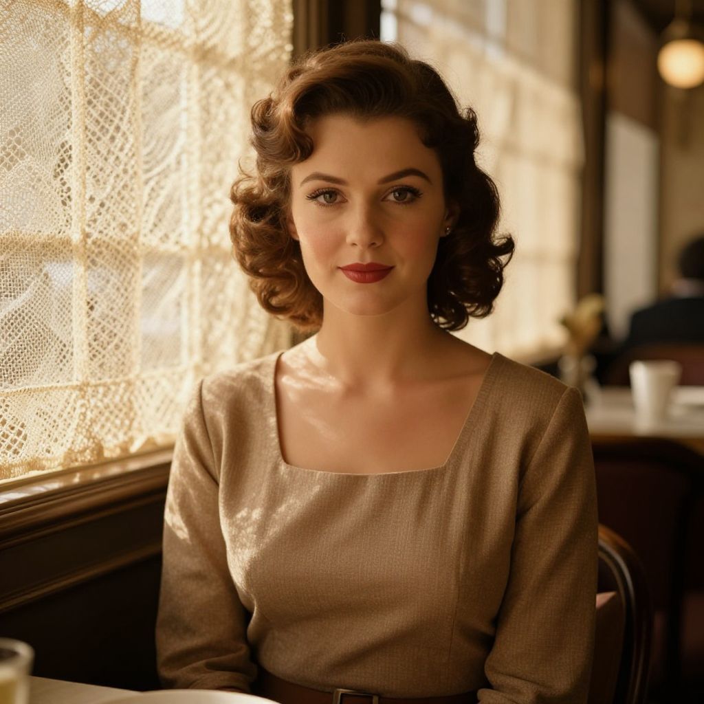 Vintage Style Portrait of Woman in Retro Café Setting