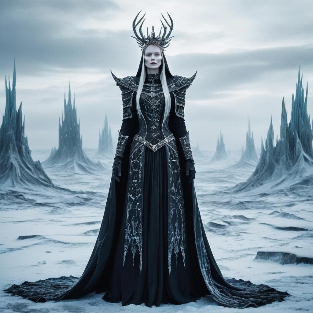 Woman in Dark Fantasy Gown in Surreal Icy Landscape Woman in Dark Fantasy Gown in Surreal Icy Landscape