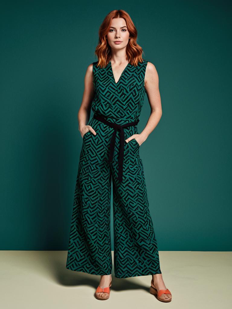 Stylish Woman Wearing Geometric Patterned Wide-Leg Jumpsuit on Teal Background