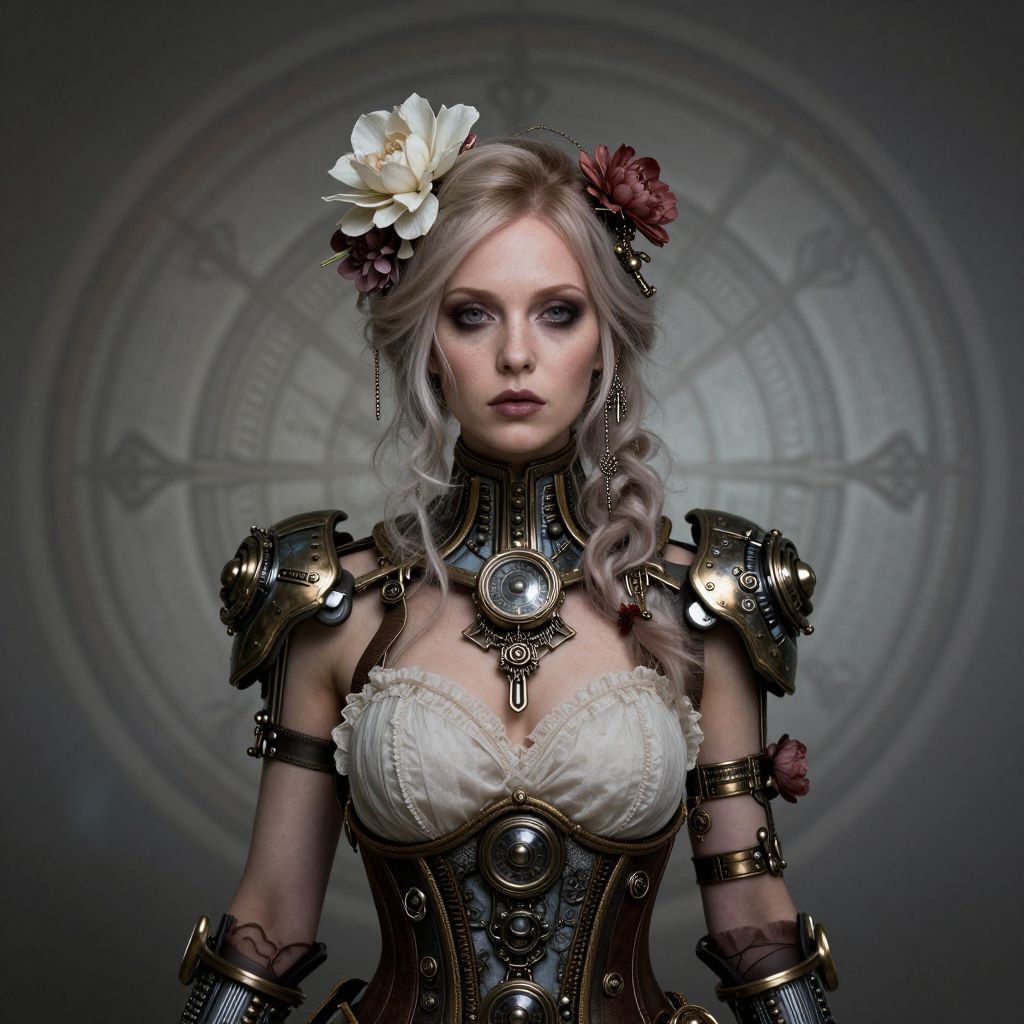 Steampunk Woman in Intricate Armor with Floral Headpiece