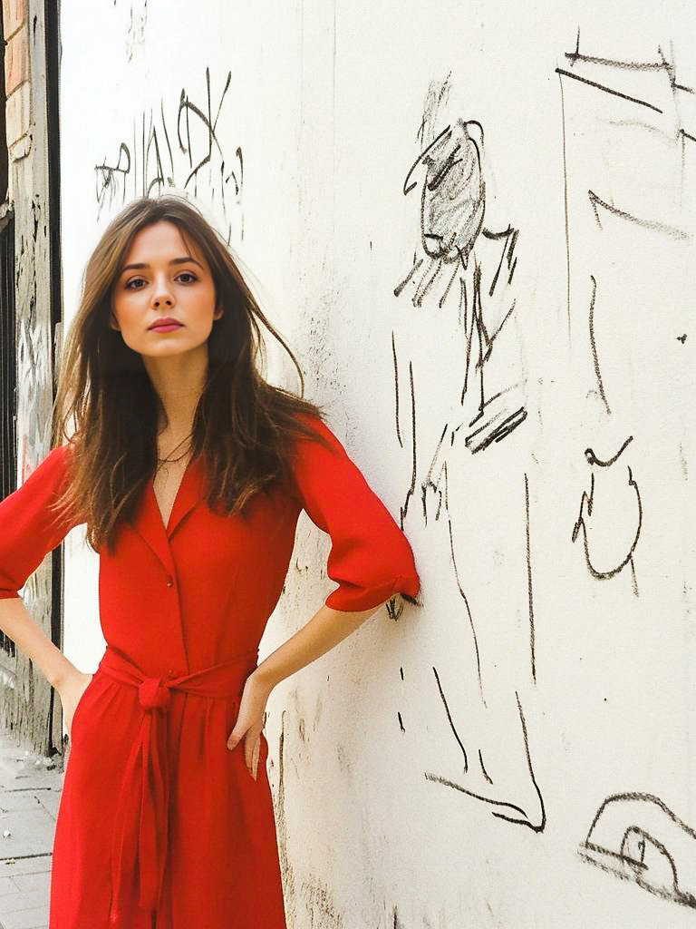 Woman in Red Dress Against Graffiti Wall