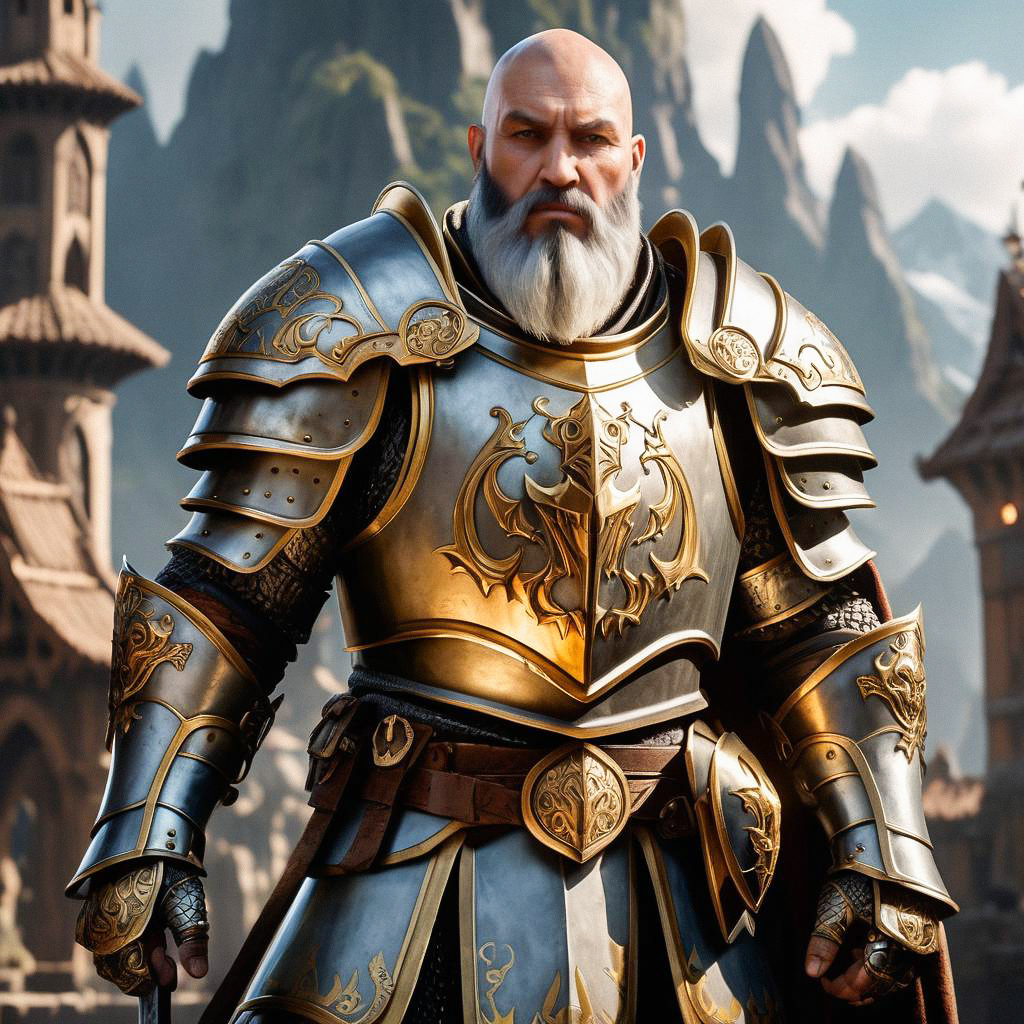 Bearded Warrior in Golden Armor Against Mountainous Landscape Bearded Warrior in Golden Armor Against Mountainous Landscape