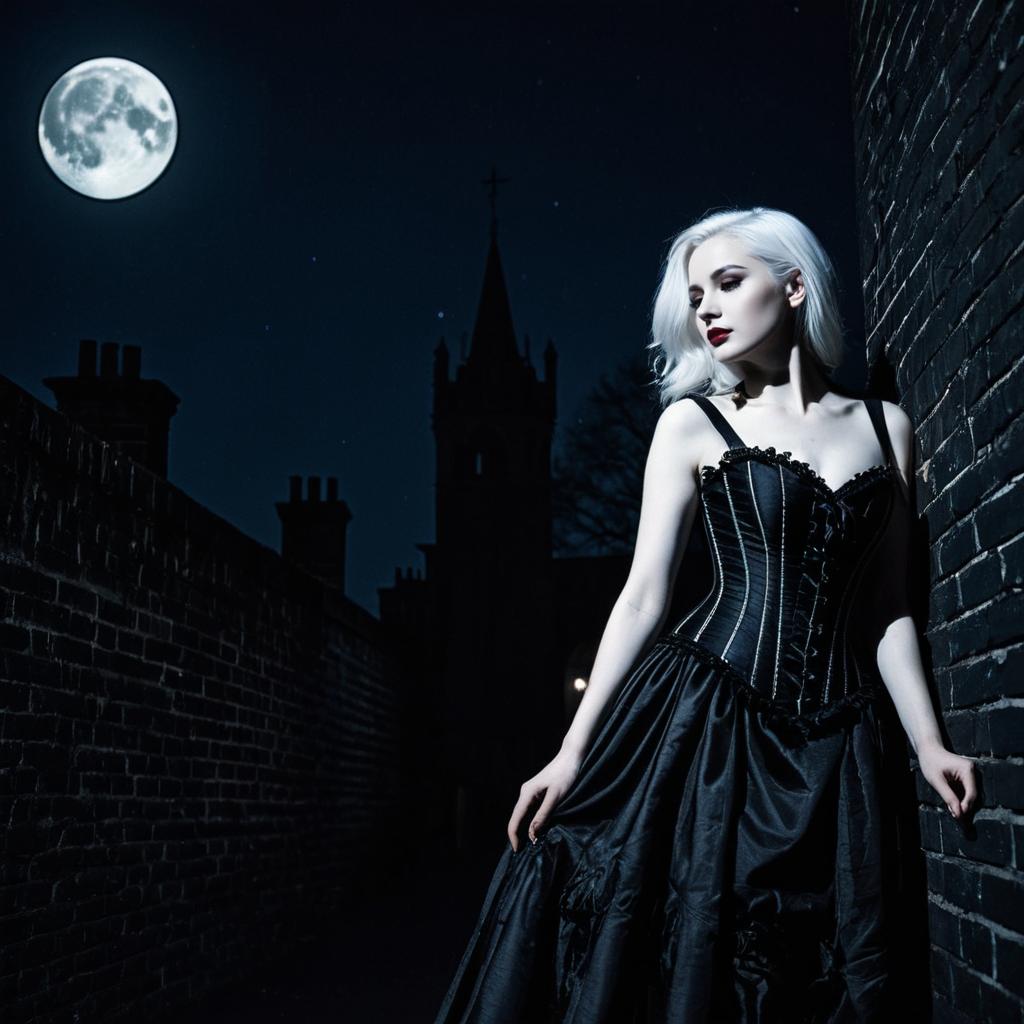 Gothic Woman in Black Corset Dress Under Full Moon at Night