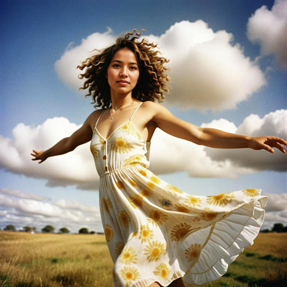 Joyful woman twirling in a sunlit field