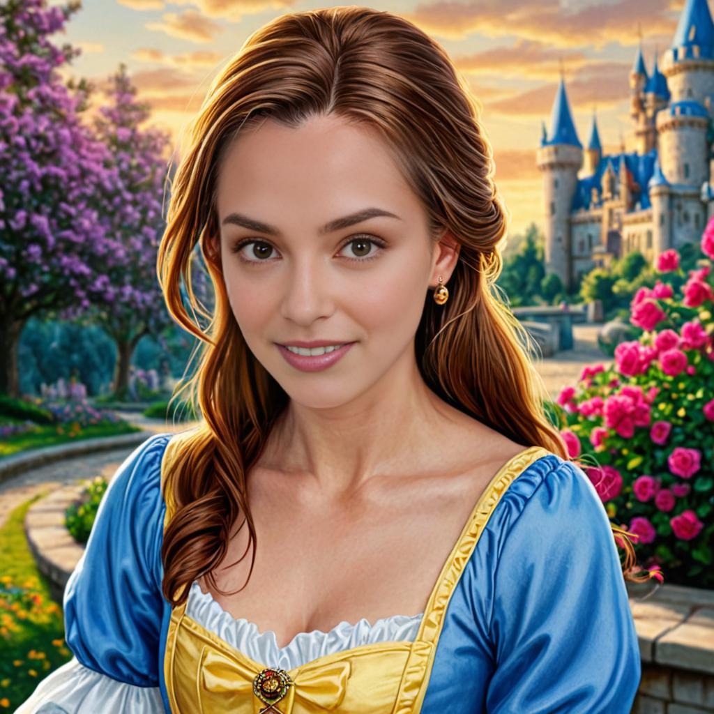 Enchanting Woman in Blue and Yellow Gown with Fairytale Castle