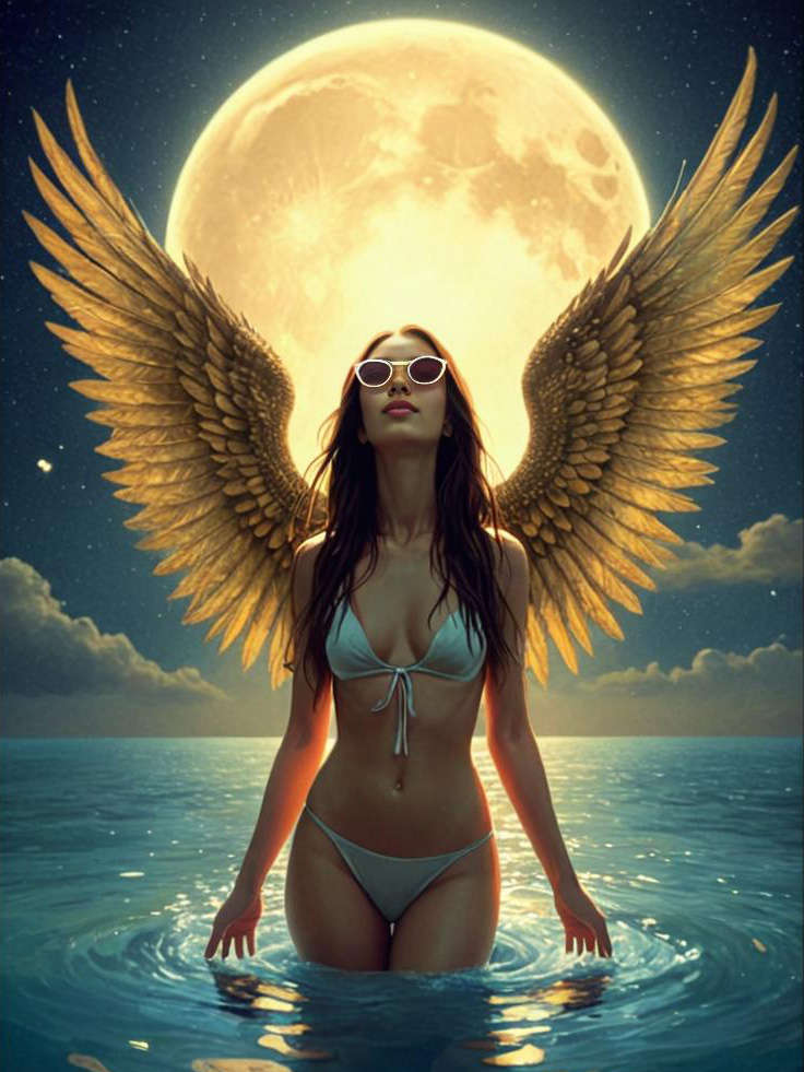 Woman in White Bikini with Angel Wings Under Full Moon