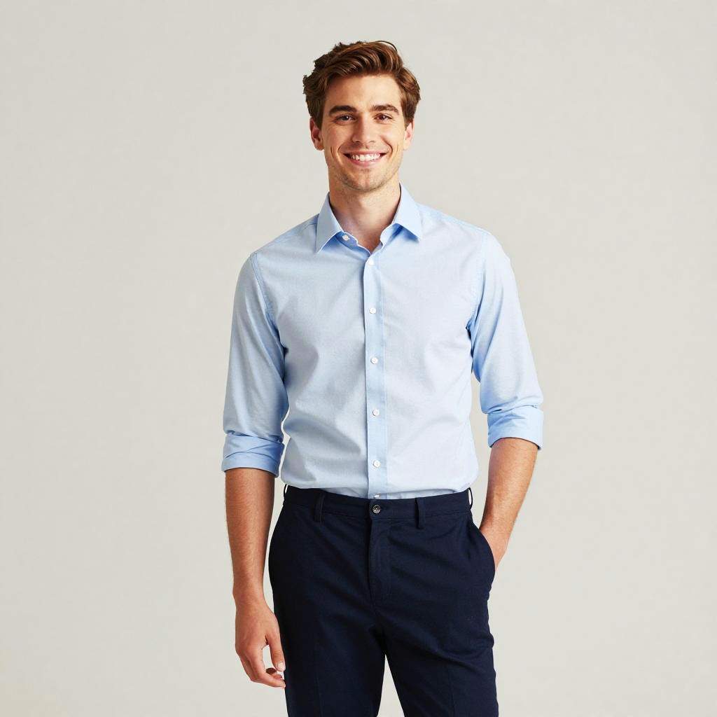 Young Man Wearing Light Blue Shirt and Navy Trousers Standing Smiling