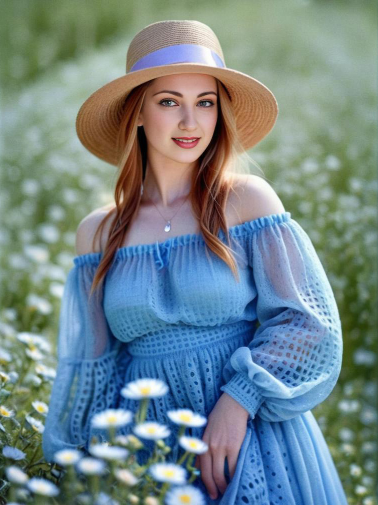 Young Woman in Blue Dress in Daisy Field