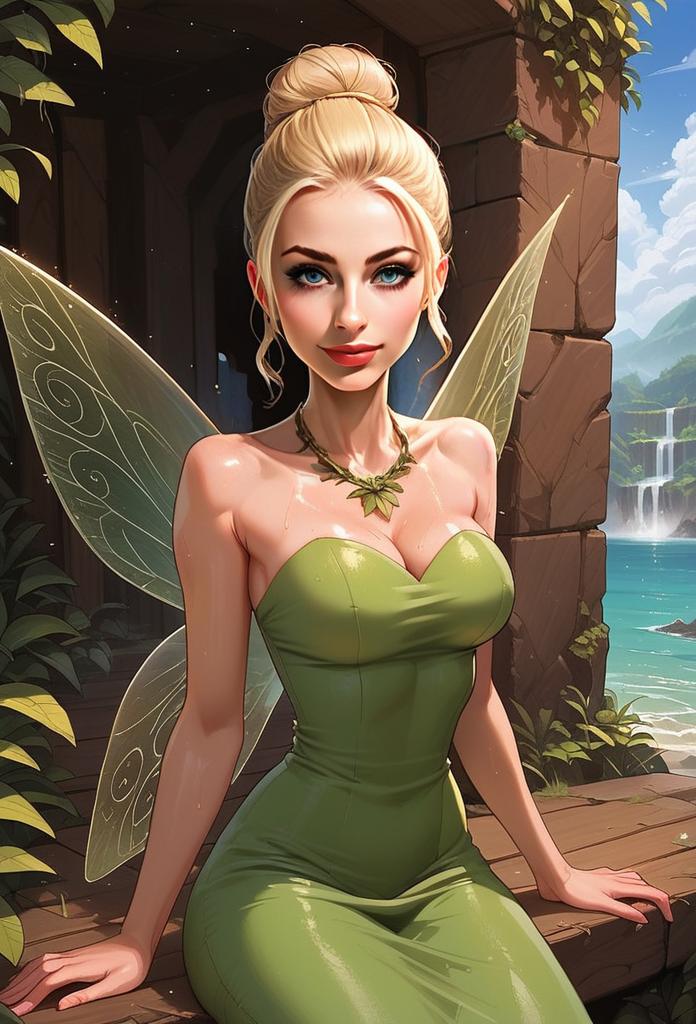 Fairy Woman with Wings by Waterfall