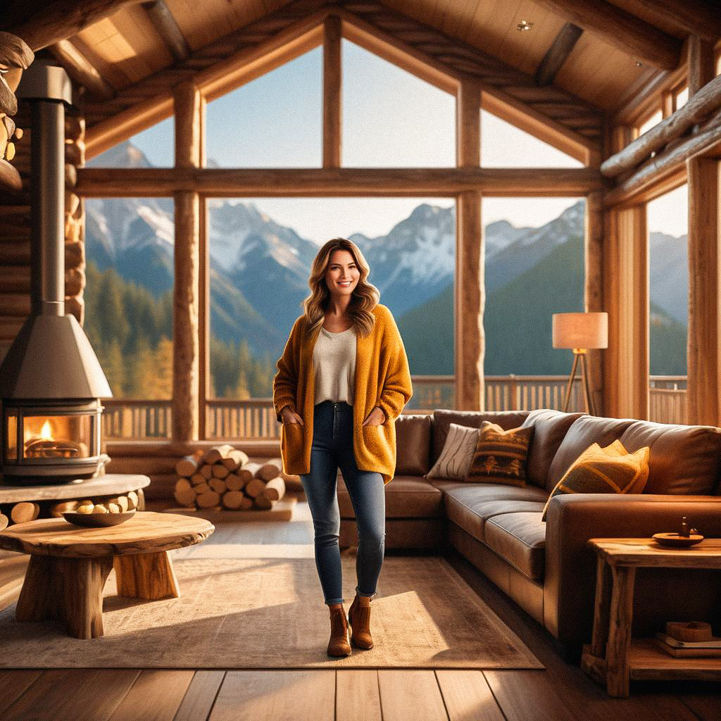 Cozy Log Cabin Interior with Mountain View Cozy Log Cabin Interior with Mountain View