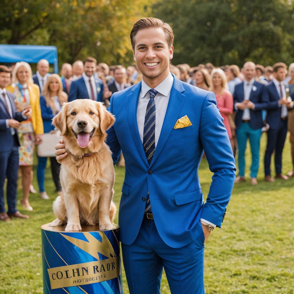 Confident Man in Blue Suit with Golden Retriever at Outdoor Event