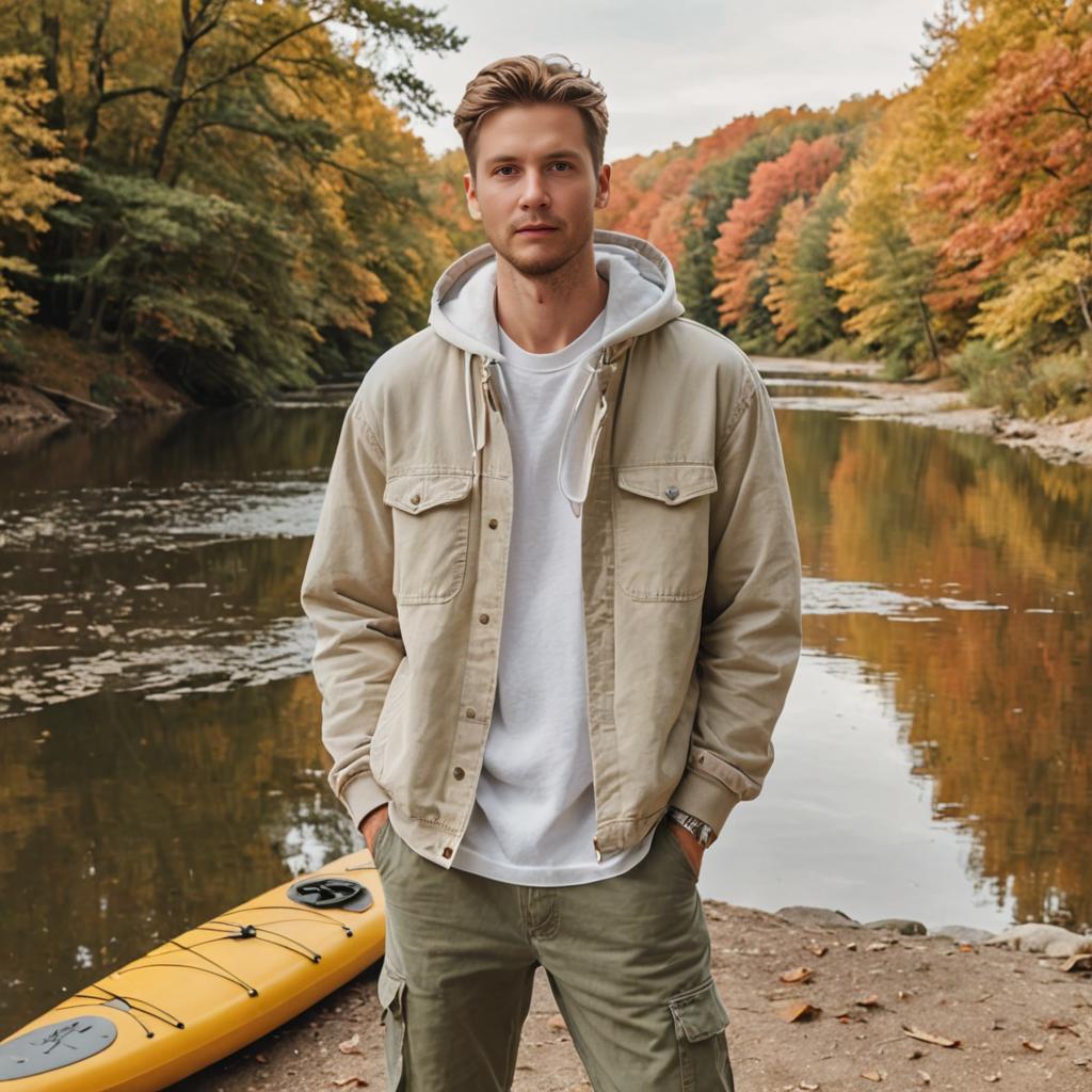 Man by Serene River with Kayak in Autumn