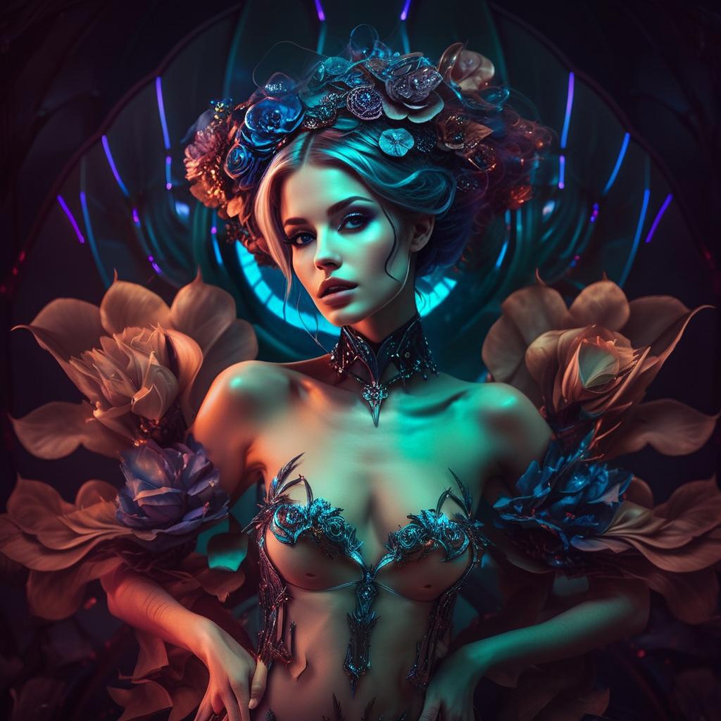 Futuristic Floral Fantasy Woman Portrait with Sci-Fi Elements