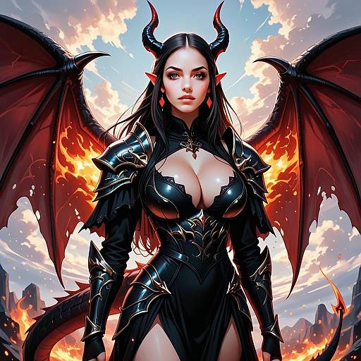 Fantasy Demon Queen Woman with Fiery Dragon Wings and Armor