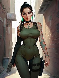 Confident Woman in Tactical Outfit in Urban Alley
