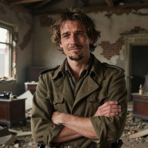 Rugged Man Wearing Vintage Military Jacket in Abandoned Room