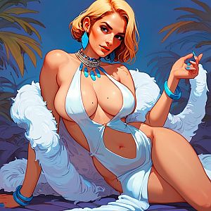Glamorous Woman in White Outfit with Blue Accessories Digital Art