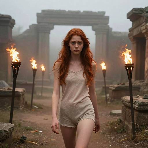 Red Haired Woman Walking Through Ancient Ruins with Torches - Dramatic Fantasy Scene