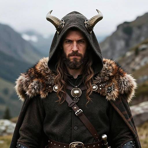 Viking Warrior Man in Medieval Costume with Horned Hood Outdoors