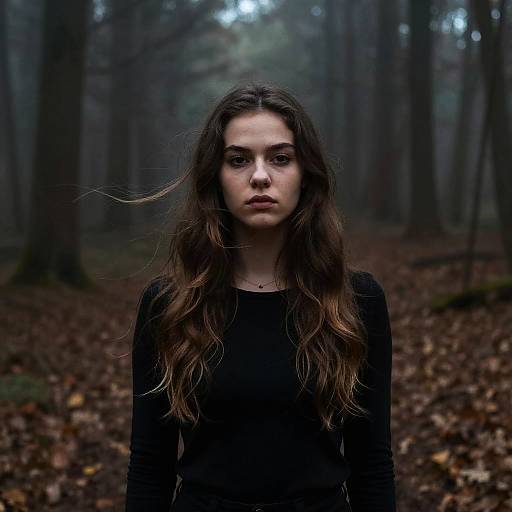 Moody Portrait of Young Woman in Misty Forest