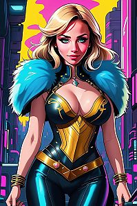 Confident Woman in Futuristic Armor in Neon Cyberpunk City