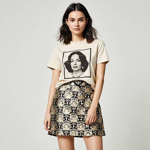 Woman in Casual Chic Light Beige Graphic T-Shirt and Black Gold Floral Skirt
