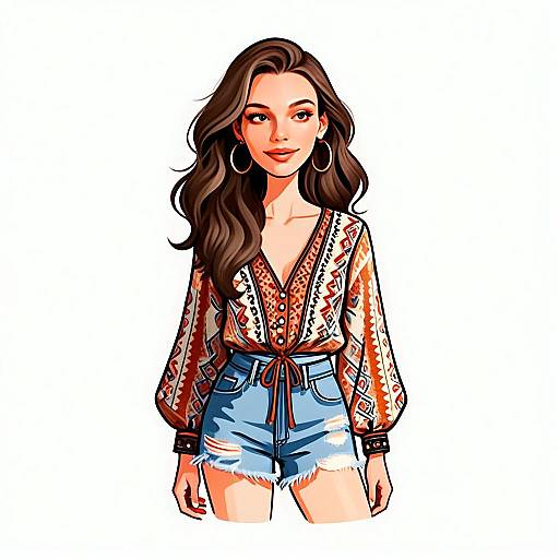Bohemian Style Woman with Wavy Hair Wearing Patterned Blouse and Denim Shorts