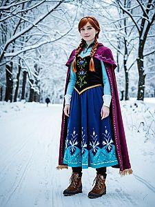 Woman in Blue Dress and Magenta Cape on Snowy Path