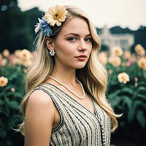 Young Woman in Vintage Outfit with Pearl Jewelry