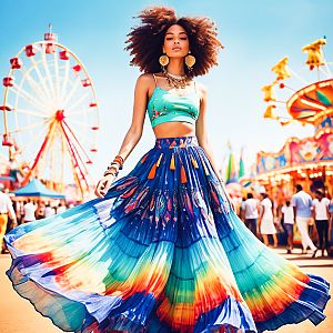 Confident Woman in Bohemian Outfit at Carnival