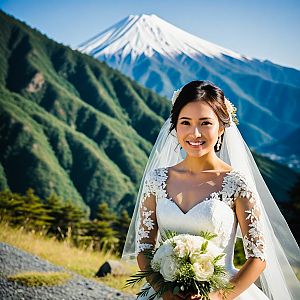 Radiant Bride in Elegant Lace Gown with Mountain Backdrop
