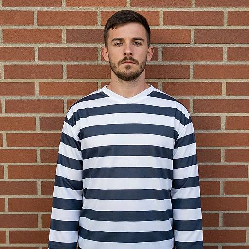 Man Wearing Navy and White Striped Shirt Against Brick Wall
