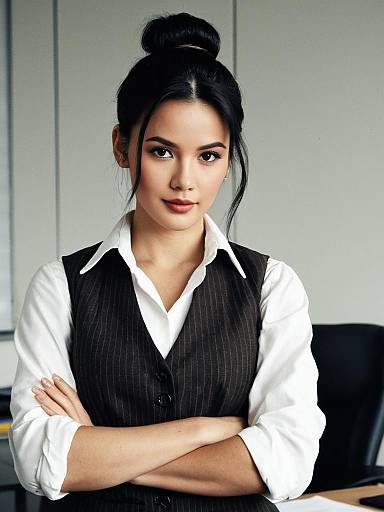 Confident Woman in Business Dress Code with Pinstripe Vest and Bun Hairstyle