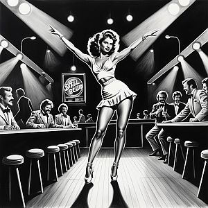 Confident Woman in Retro Outfit on Bar Stage