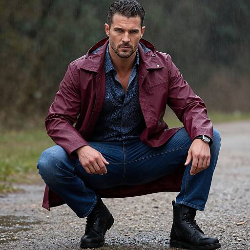Confident Man in Maroon Raincoat on Wet Path Outdoors
