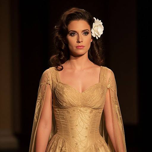 Elegant Woman in Vintage Gold Embroidered Gown with Flower Hair Accessory