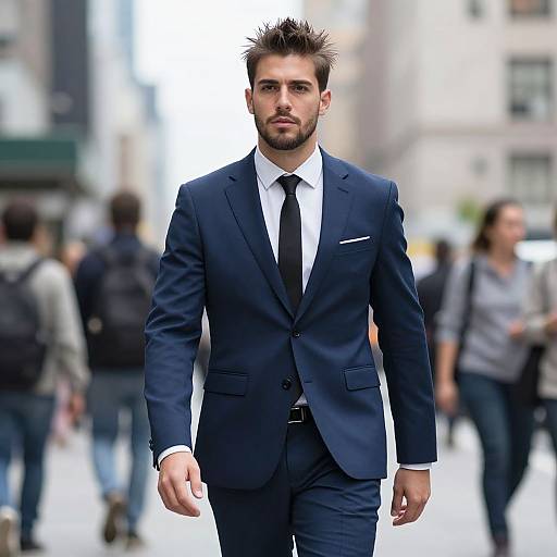 Confident Young Man in Navy Blue Suit Walking on Busy City Street