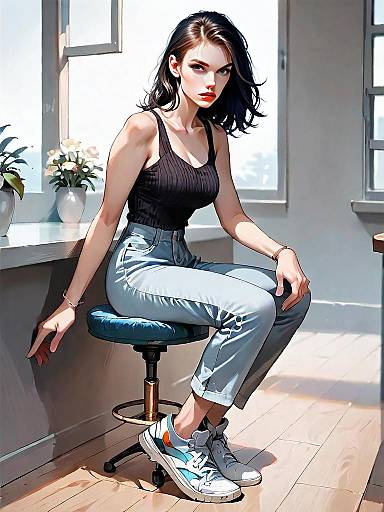 Realistic Digital Art of Woman Sitting by Window in Casual Outfit