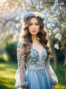 Woman in Light Blue Gown Among Blooming Trees