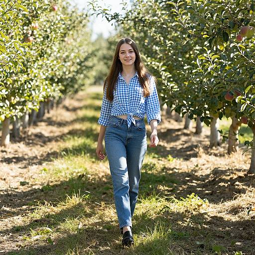 Young Woman Walking in Apple Orchard Wearing Blue Checkered Shirt and Jeans