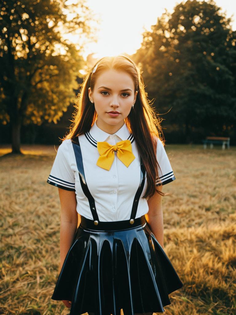 Photorealistic Outdoor Portrait of Woman in Latex Schoolgirl Costume